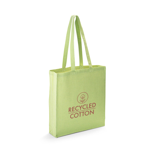 Bolsa tote verde de algodón reciclado con asas largas.